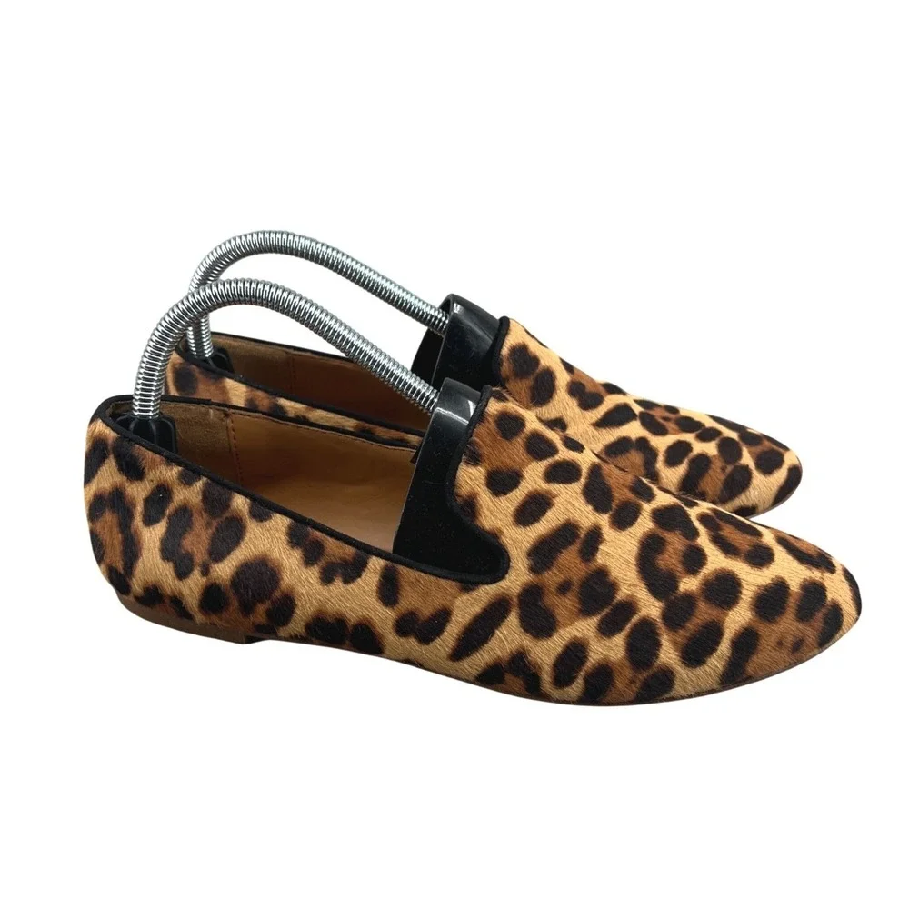 J.Crew Leopard Calf Hair Loafers Size 9 Slip On Flats Parisian Chic Old Money